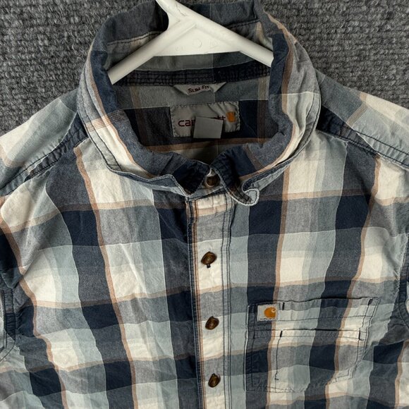 Carhartt Men Long Sleeve Blue Beige Plaid Button Up Shirt Small Slim Fit Adult - Picture 7 of 13